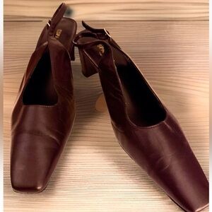 🟤ESPANOLA TOO🟤 LEATHER SQUARE TOE BLOCK 2”HEEL SLINGBACK (PAULA) PUMPS